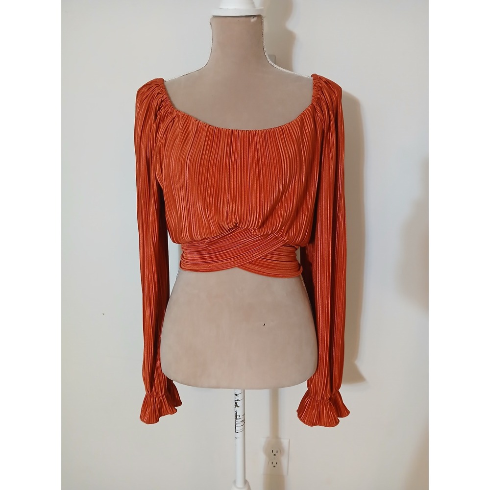 Willow + Root Rust Orange Plisse Pleated Wrap Tie Crop Top Long Sleeve Large